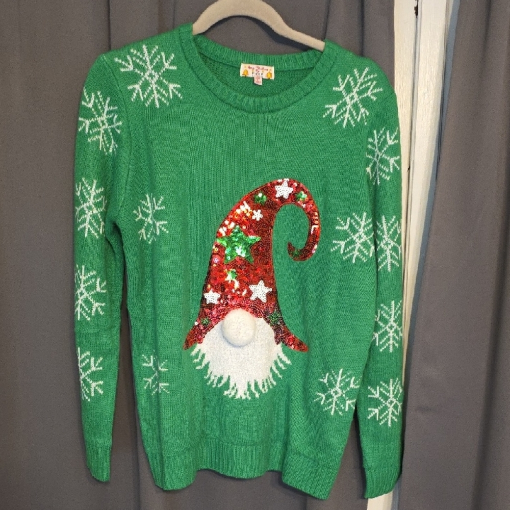 Merry Christmas By Poof! Women's Green Gnome Sweater Sequins Pom Christmas Sz L - Picture 1 of 8